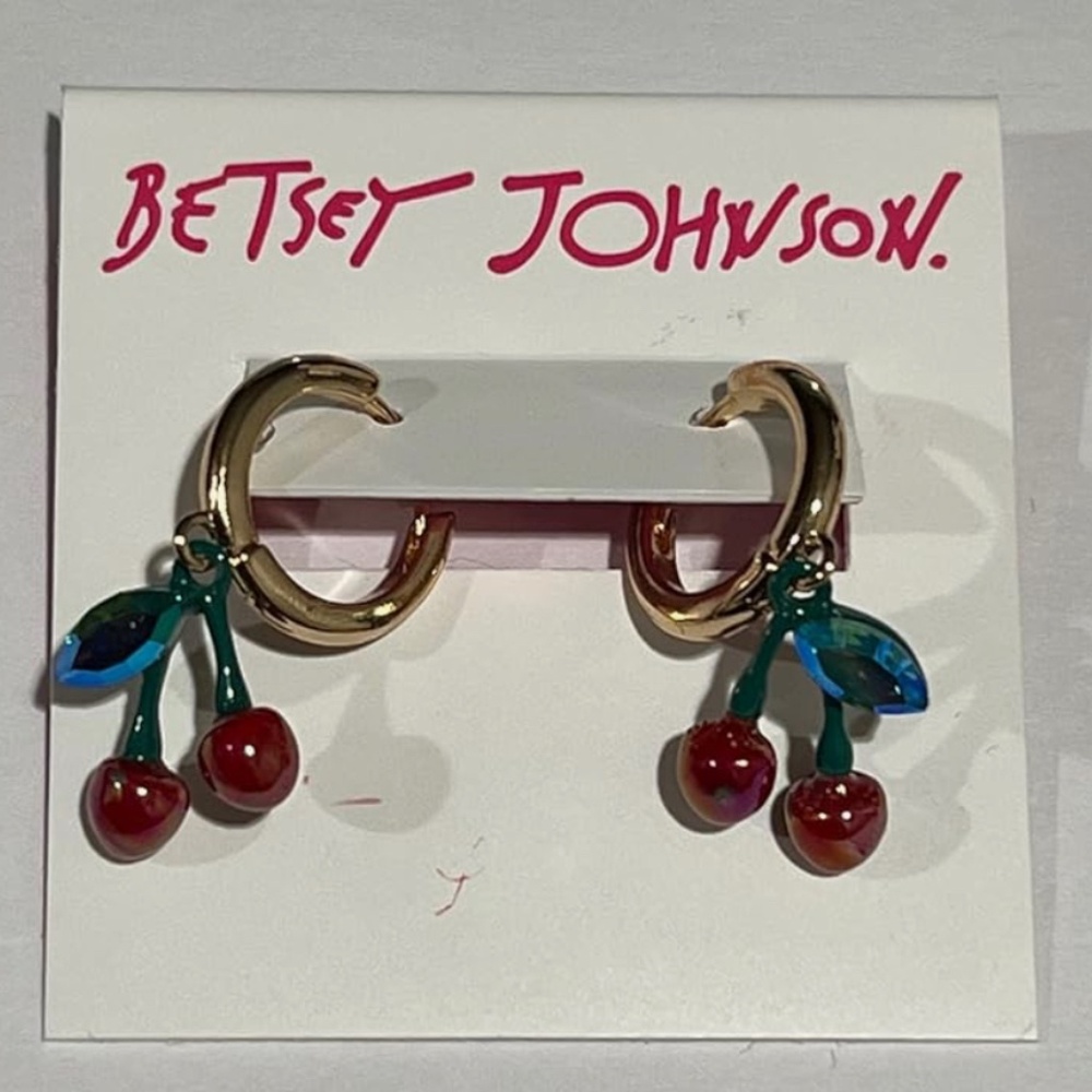 Betsey Johnson Babycakes Red Cherry Green Iridescent Leaf Huggie Hoop Earrings